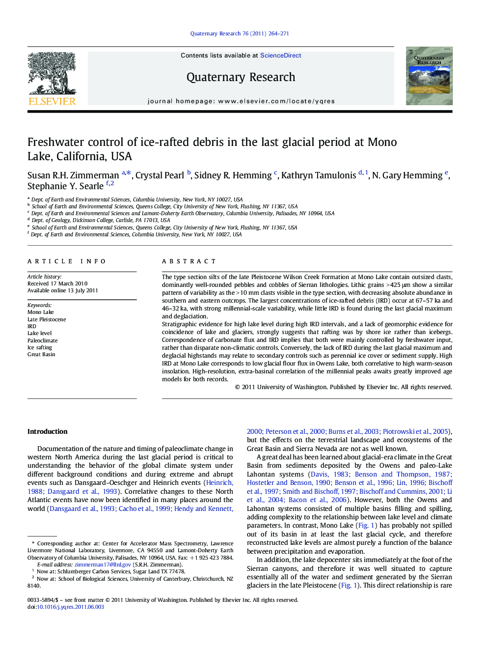 Freshwater control of ice-rafted debris in the last glacial period at Mono Lake, California, USA