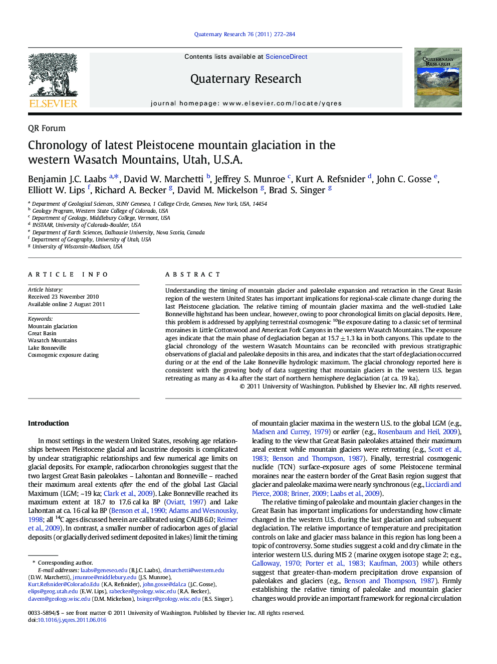 عکس صفحه اول مقاله: Chronology of latest Pleistocene mountain glaciation in the western Wasatch Mountains, Utah, U.S.A. Chronology of latest Pleistocene mountain glaciation in the western Wasatch Mountains, Utah, U.S.A.