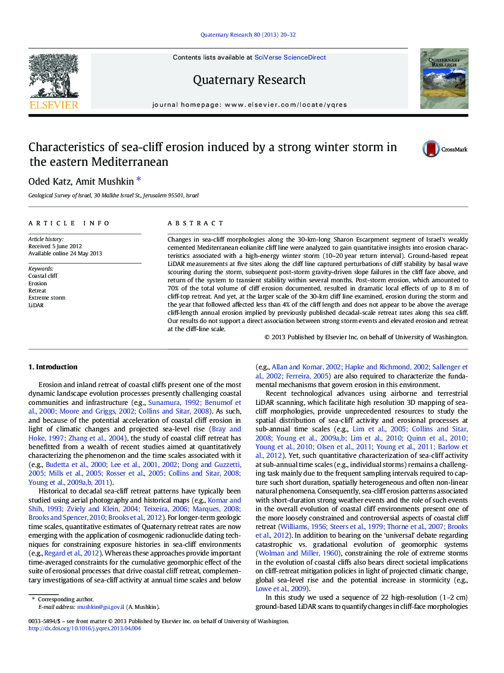 Characteristics of sea-cliff erosion induced by a strong winter storm in the eastern Mediterranean