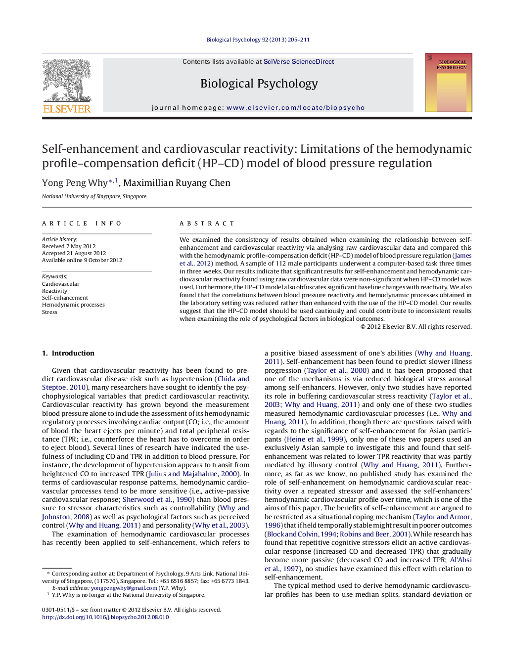 Self-enhancement and cardiovascular reactivity: Limitations of the hemodynamic profile-compensation deficit (HP-CD) model of blood pressure regulation