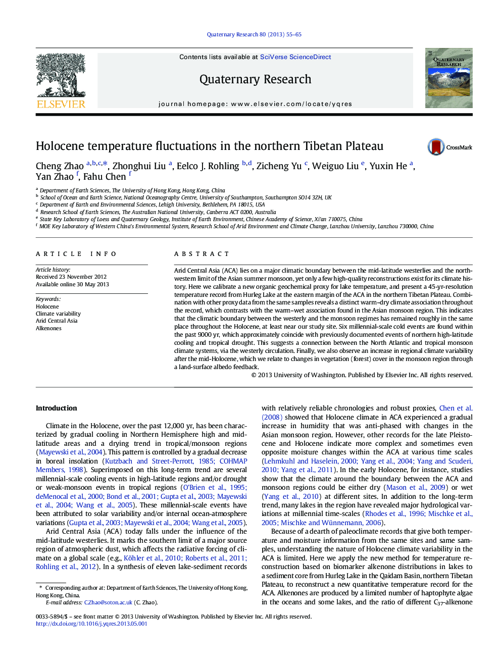 Holocene temperature fluctuations in the northern Tibetan Plateau