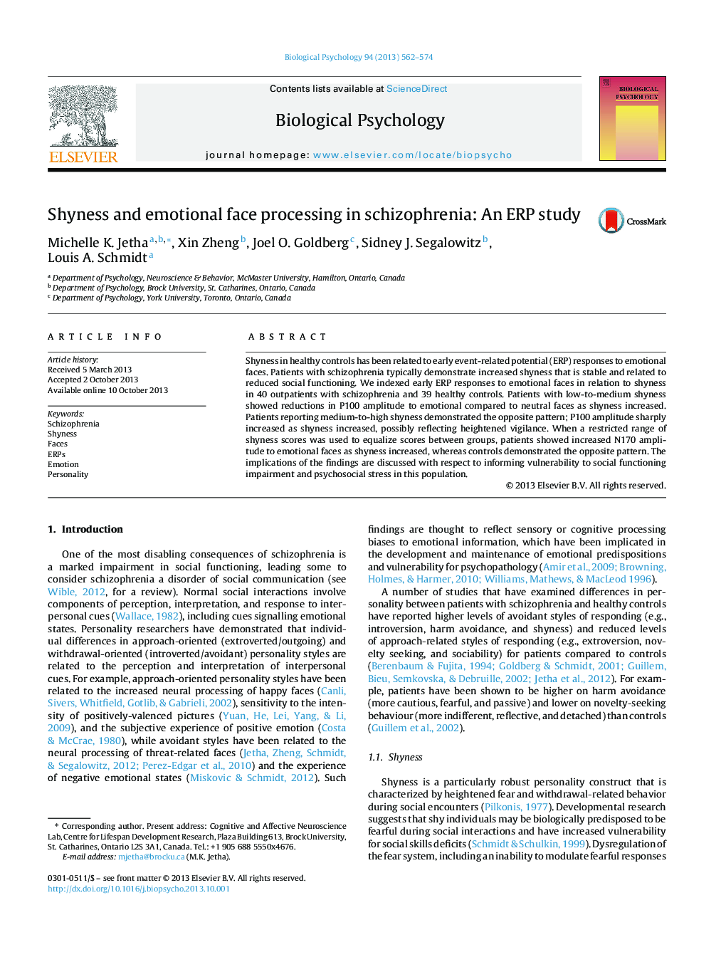 Shyness and emotional face processing in schizophrenia: An ERP study