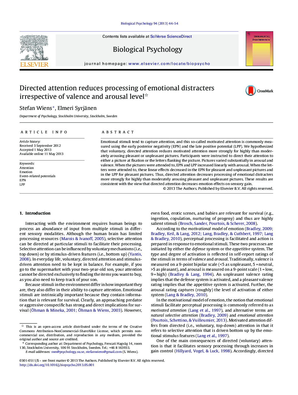 Directed attention reduces processing of emotional distracters irrespective of valence and arousal level