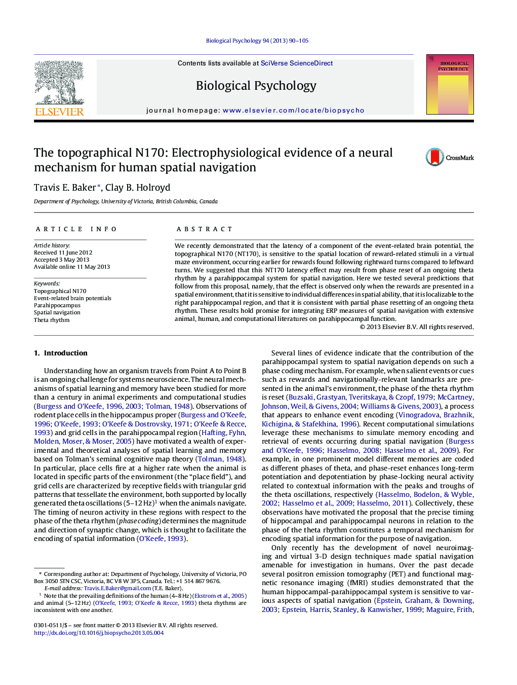 The topographical N170: Electrophysiological evidence of a neural mechanism for human spatial navigation