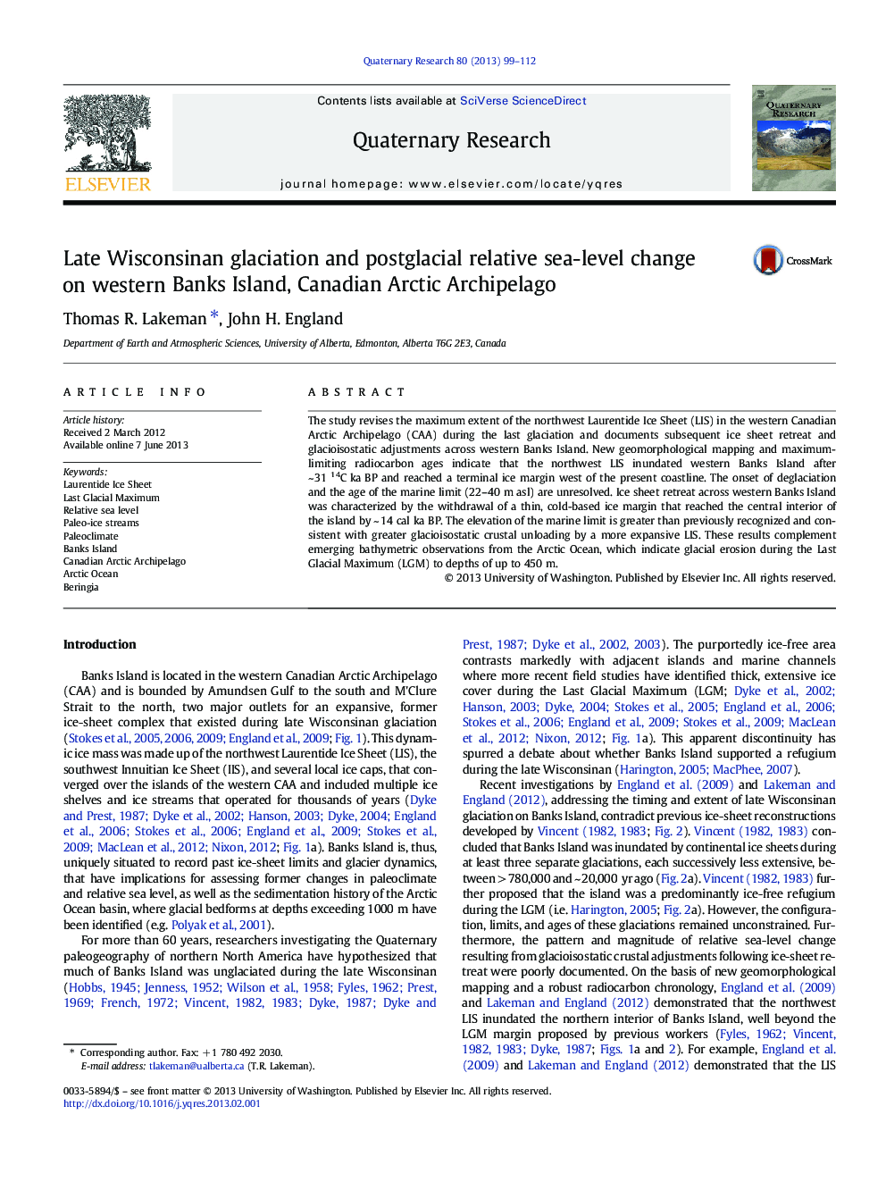 Late Wisconsinan glaciation and postglacial relative sea-level change on western Banks Island, Canadian Arctic Archipelago