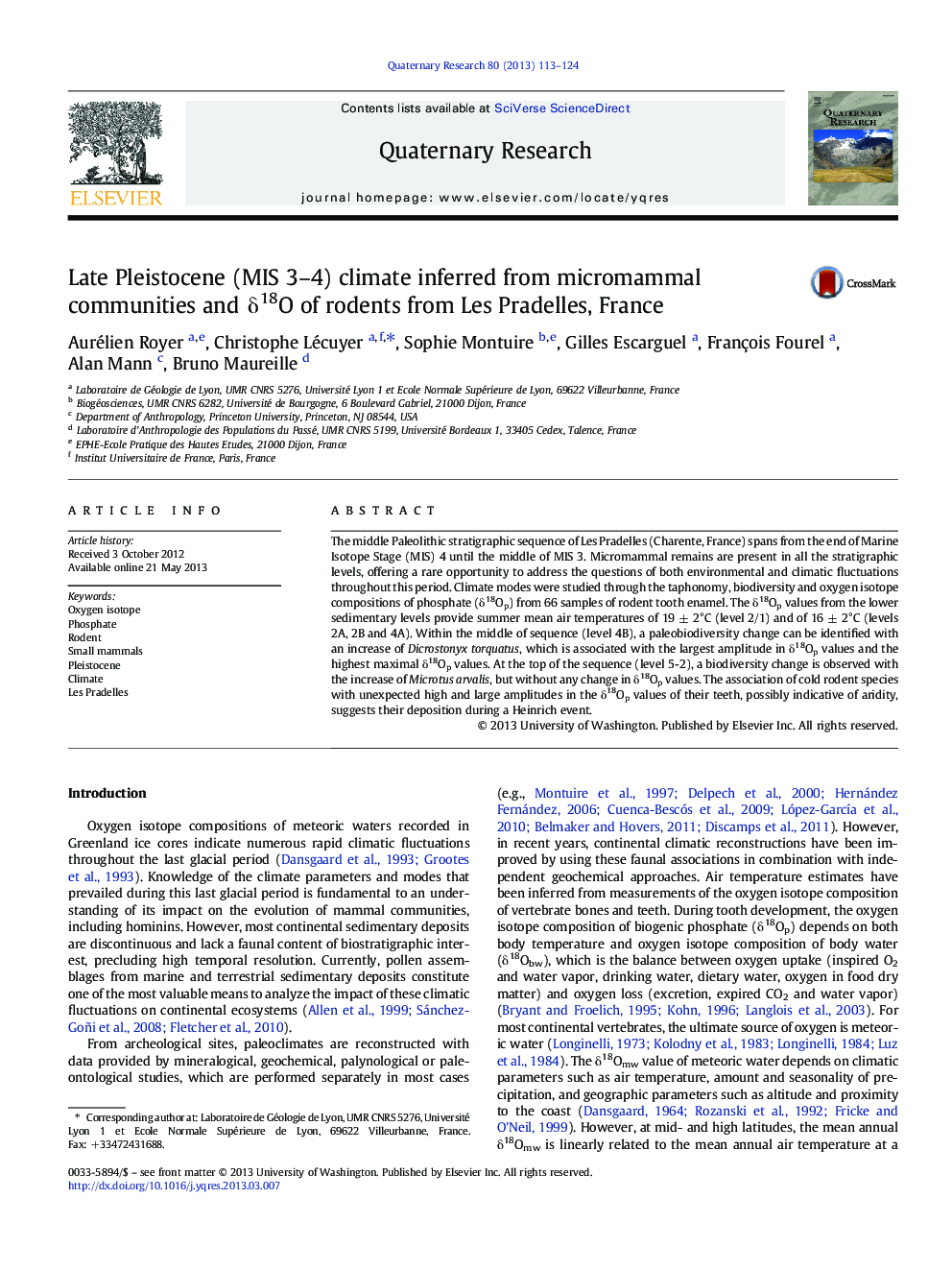 Late Pleistocene (MIS 3-4) climate inferred from micromammal communities and Î´18O of rodents from Les Pradelles, France