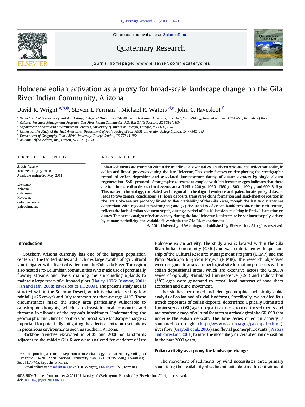 Holocene eolian activation as a proxy for broad-scale landscape change on the Gila River Indian Community, Arizona