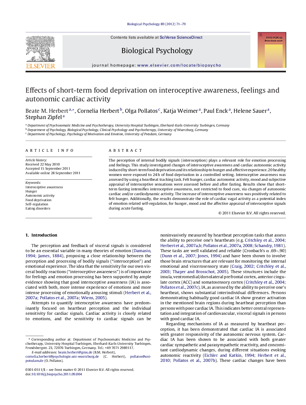 Effects of short-term food deprivation on interoceptive awareness, feelings and autonomic cardiac activity