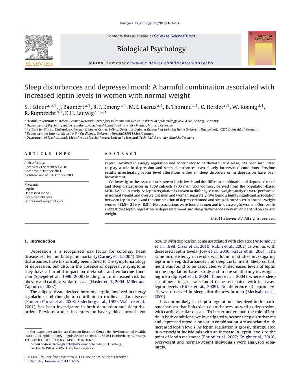 Sleep disturbances and depressed mood: A harmful combination associated with increased leptin levels in women with normal weight