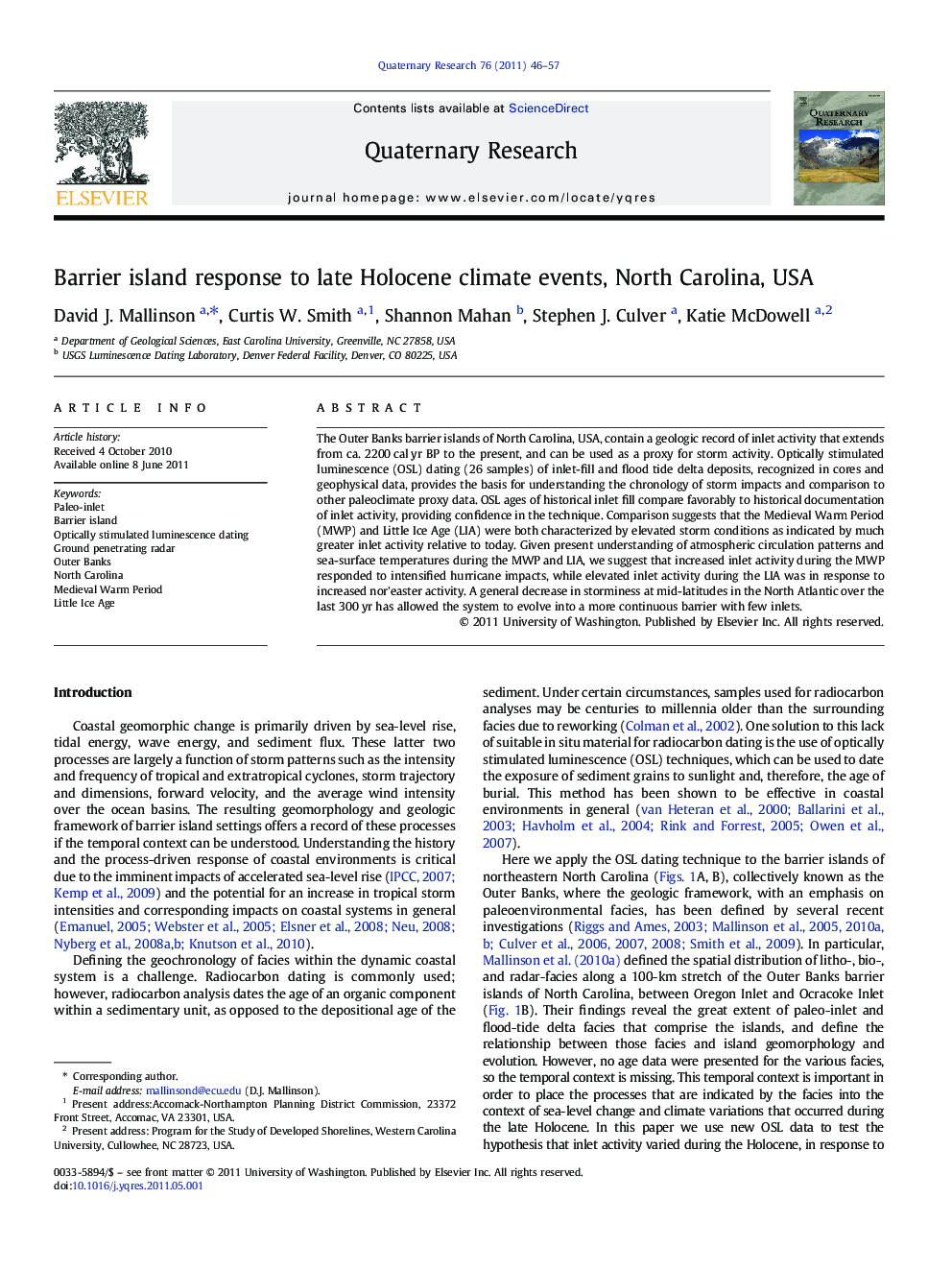 Barrier island response to late Holocene climate events, North Carolina, USA