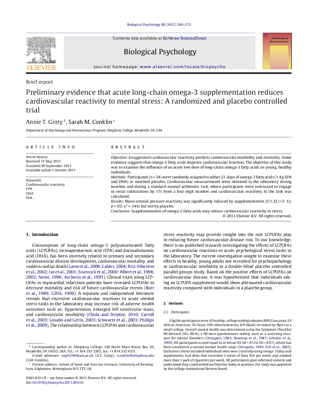 Preliminary evidence that acute long-chain omega-3 supplementation reduces cardiovascular reactivity to mental stress: A randomized and placebo controlled trial