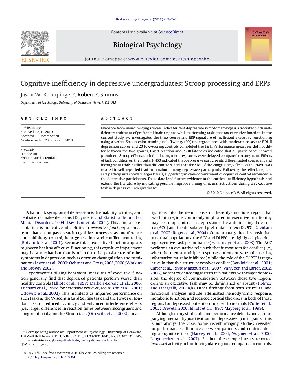 Cognitive inefficiency in depressive undergraduates: Stroop processing and ERPs