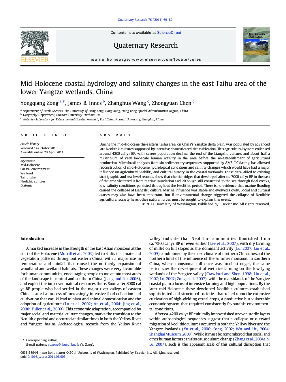 Mid-Holocene coastal hydrology and salinity changes in the east Taihu area of the lower Yangtze wetlands, China
