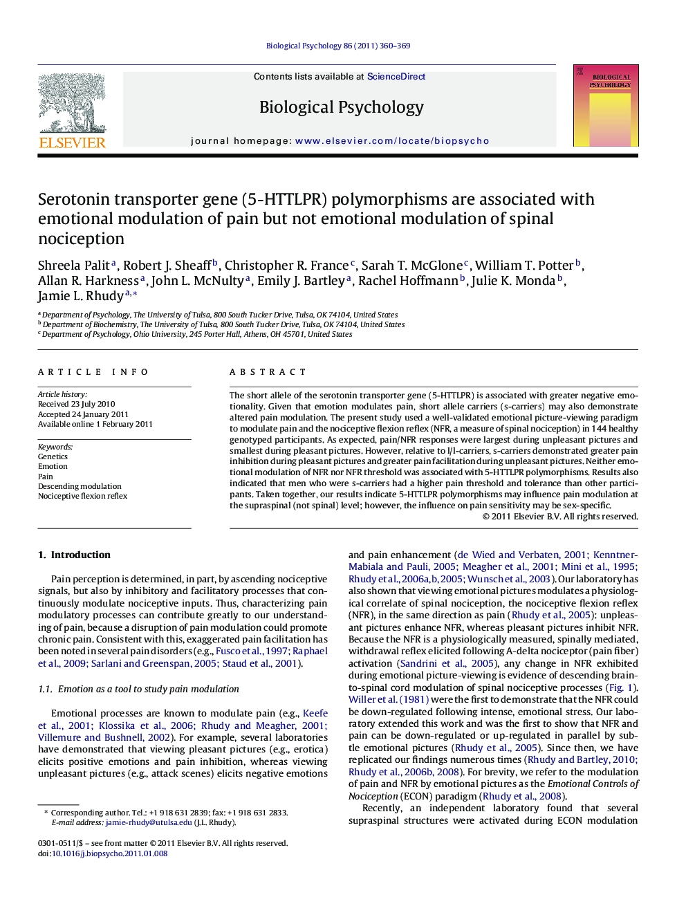 Serotonin transporter gene (5-HTTLPR) polymorphisms are associated with emotional modulation of pain but not emotional modulation of spinal nociception