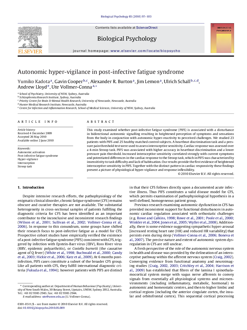 Autonomic hyper-vigilance in post-infective fatigue syndrome