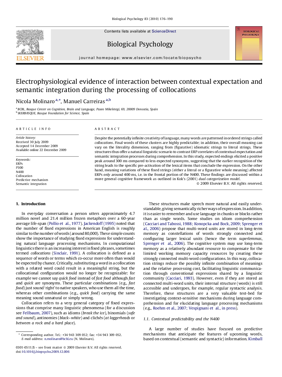 Electrophysiological evidence of interaction between contextual expectation and semantic integration during the processing of collocations