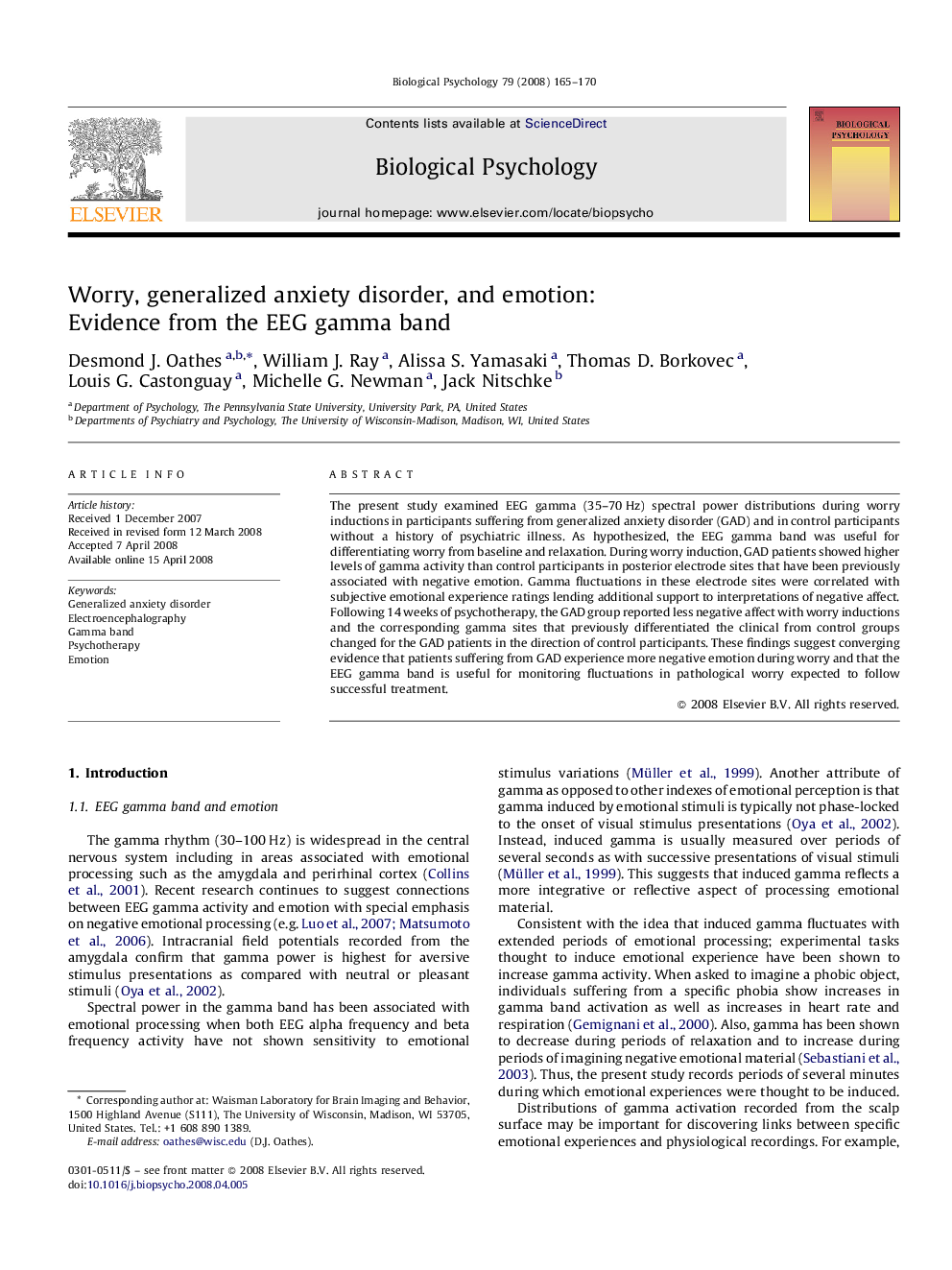 Worry, generalized anxiety disorder, and emotion: Evidence from the EEG gamma band