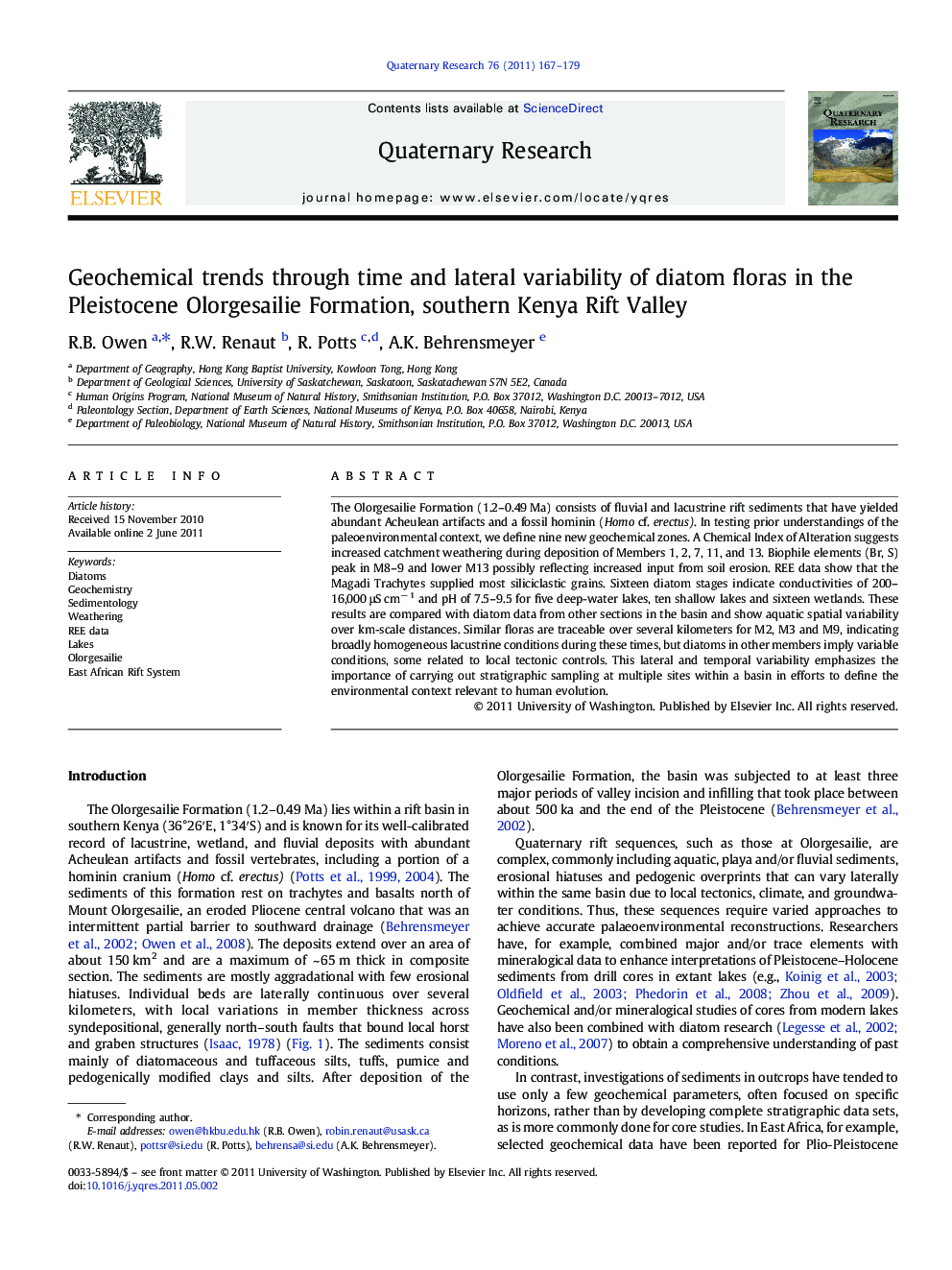 Geochemical trends through time and lateral variability of diatom floras in the Pleistocene Olorgesailie Formation, southern Kenya Rift Valley