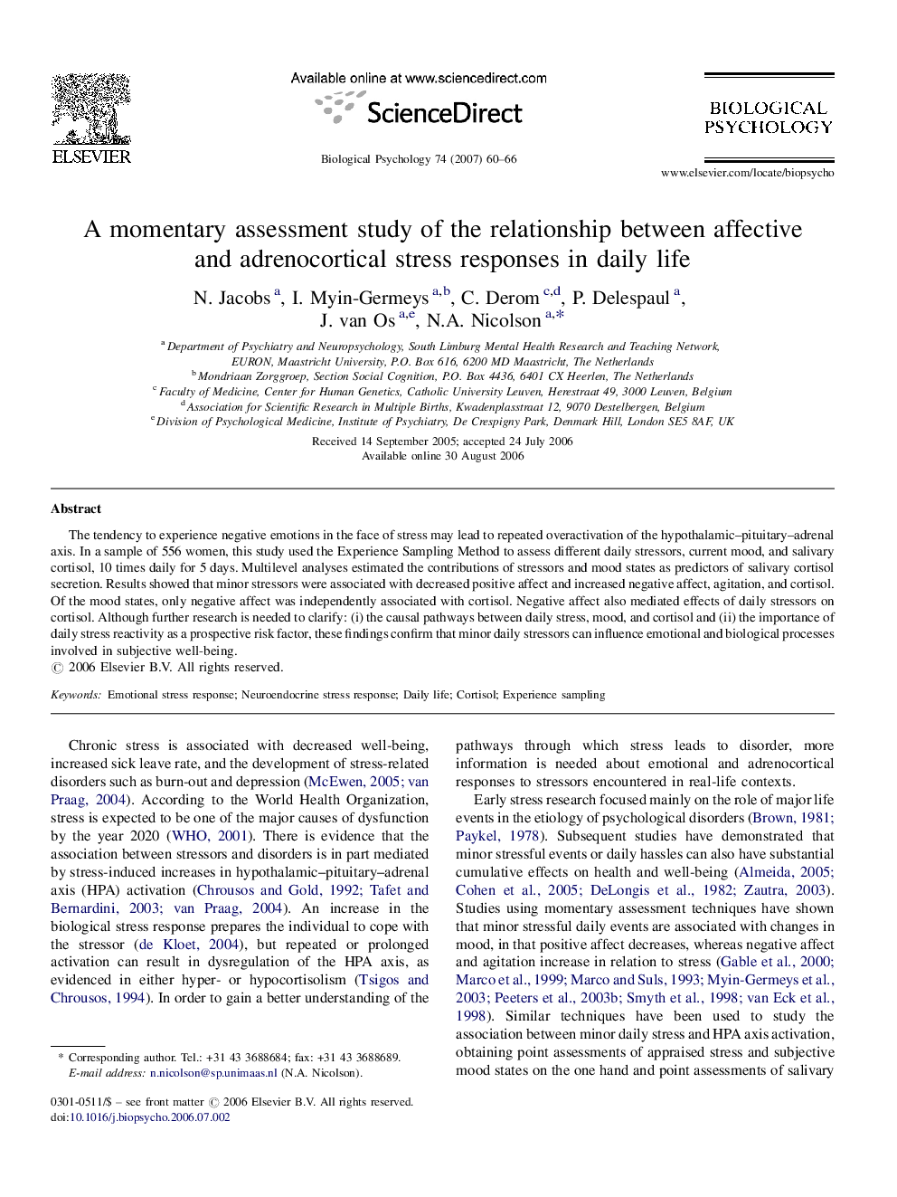 A momentary assessment study of the relationship between affective and adrenocortical stress responses in daily life