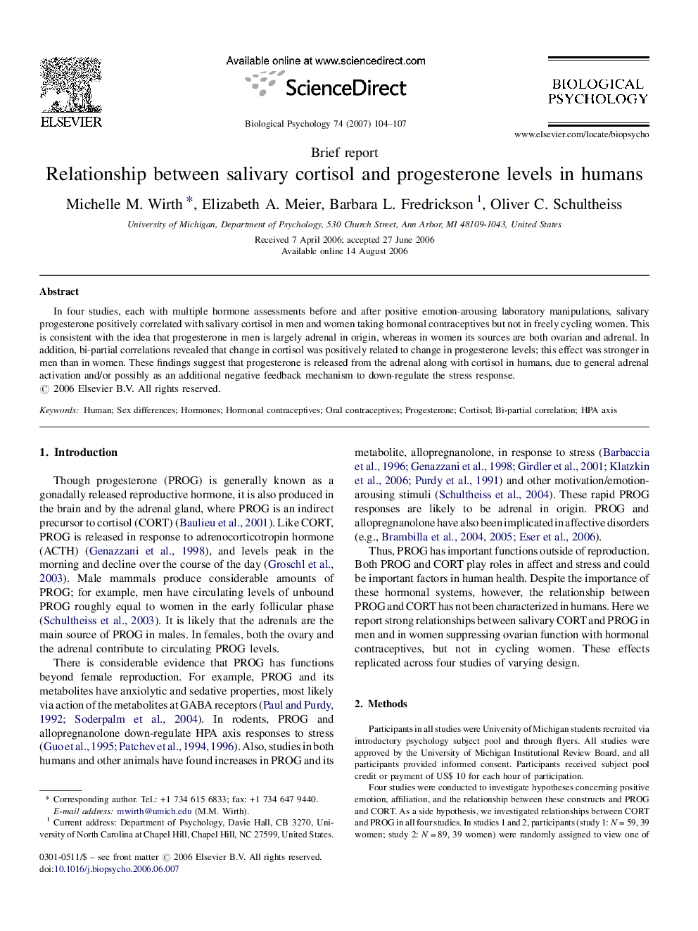 Relationship between salivary cortisol and progesterone levels in humans