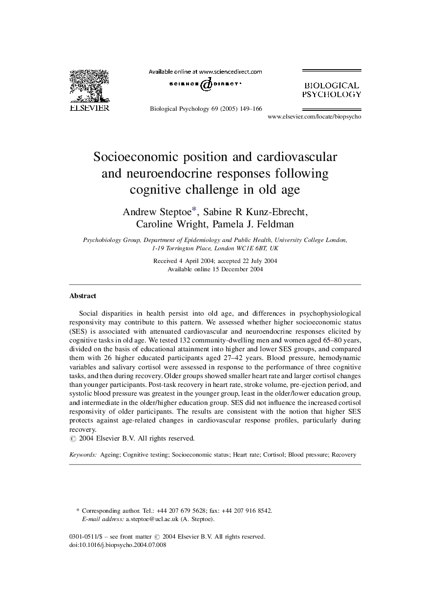 Socioeconomic position and cardiovascular and neuroendocrine responses following cognitive challenge in old age