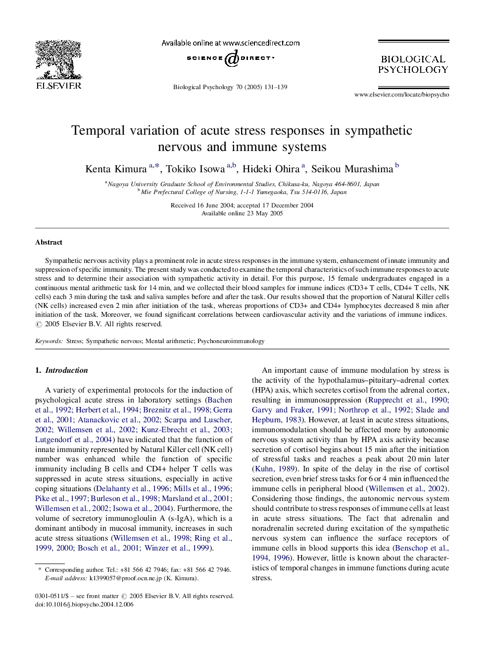 Temporal variation of acute stress responses in sympathetic nervous and immune systems