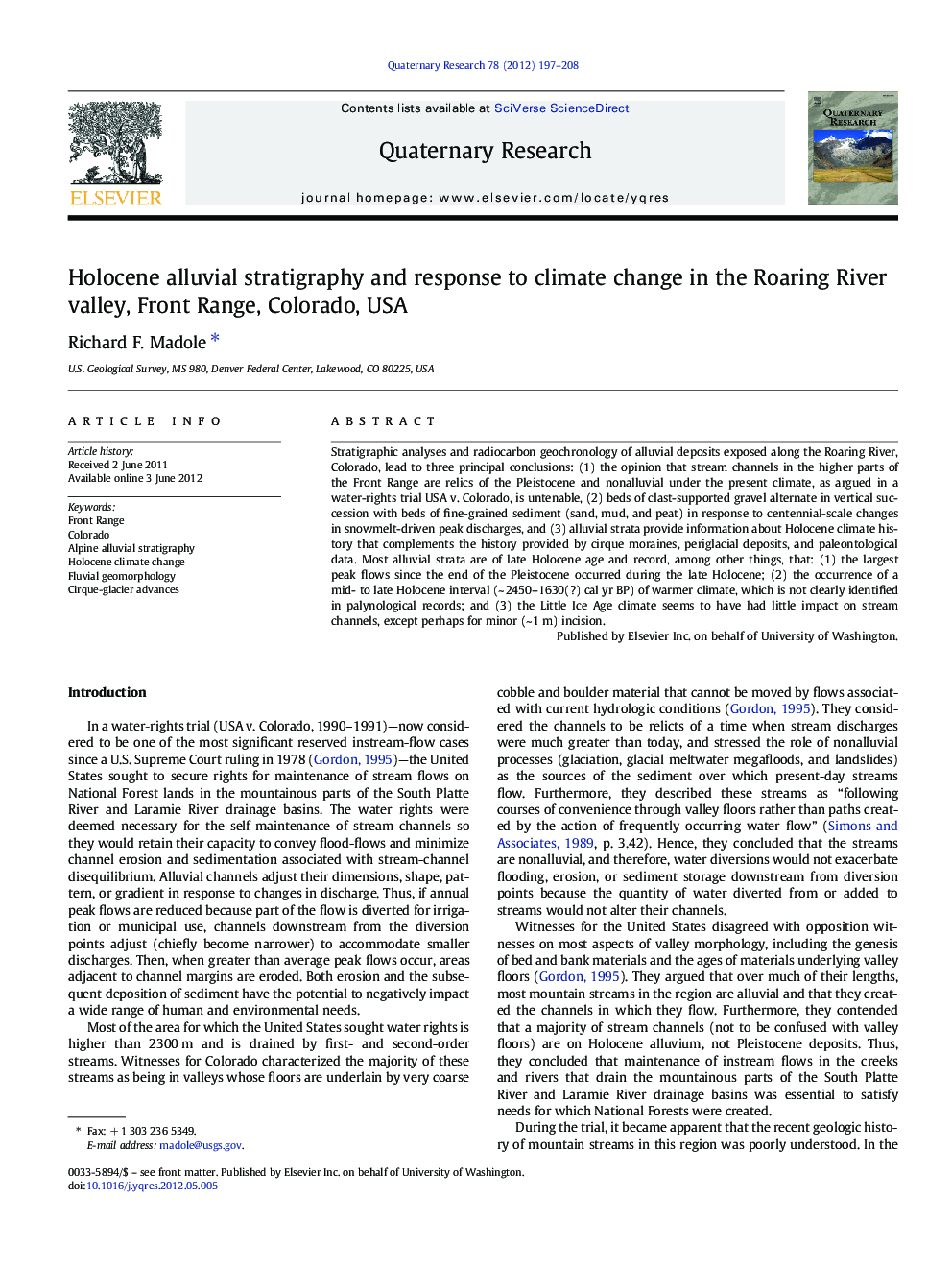 Holocene alluvial stratigraphy and response to climate change in the Roaring River valley, Front Range, Colorado, USA