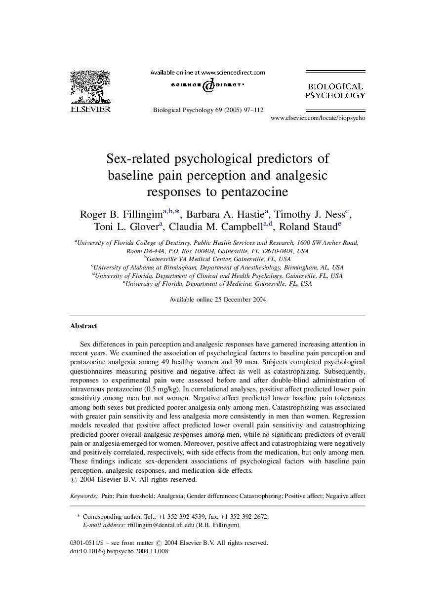 Sex-related psychological predictors of baseline pain perception and analgesic responses to pentazocine