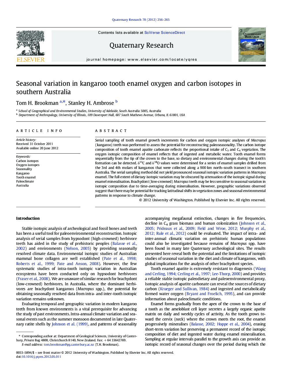 Seasonal variation in kangaroo tooth enamel oxygen and carbon isotopes in southern Australia