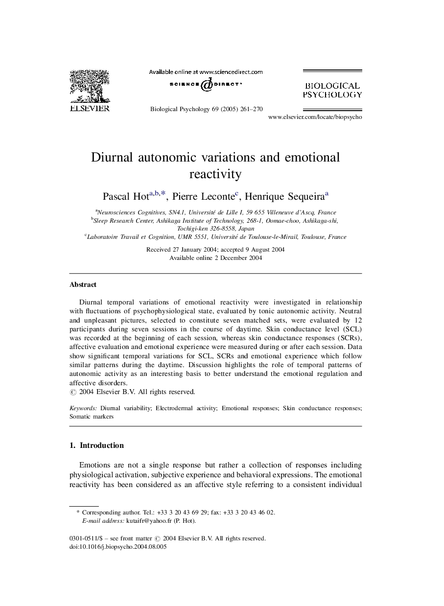 Diurnal autonomic variations and emotional reactivity