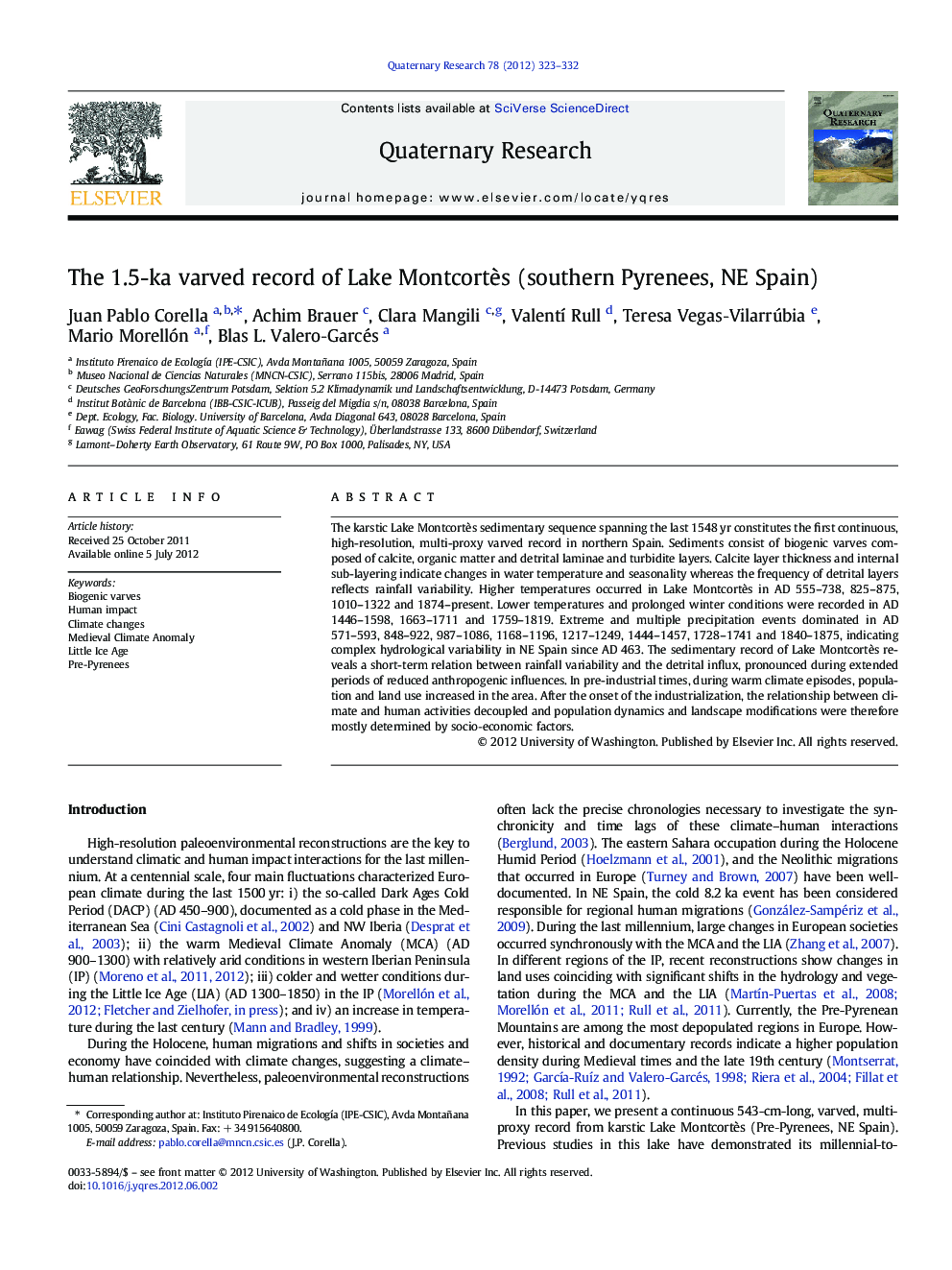 The 1.5-ka varved record of Lake Montcortès (southern Pyrenees, NE Spain)