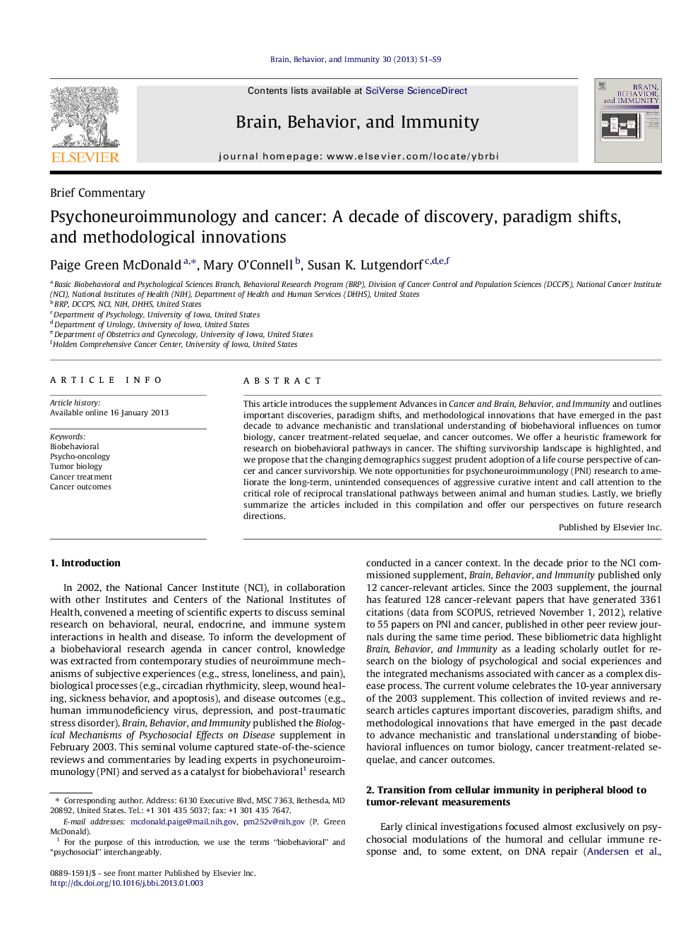 Psychoneuroimmunology and cancer: A decade of discovery, paradigm shifts, and methodological innovations