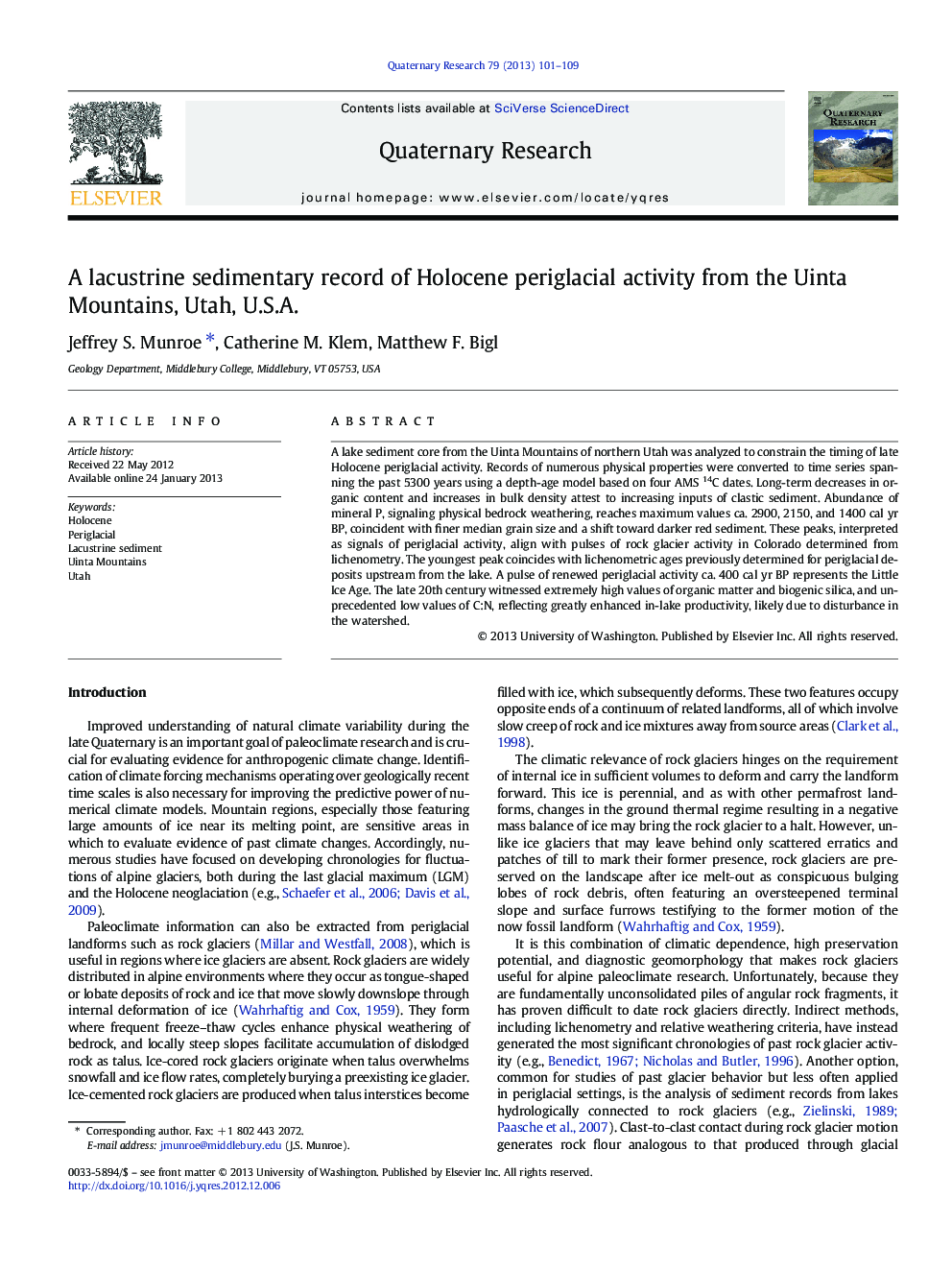 A lacustrine sedimentary record of Holocene periglacial activity from the Uinta Mountains, Utah, U.S.A.