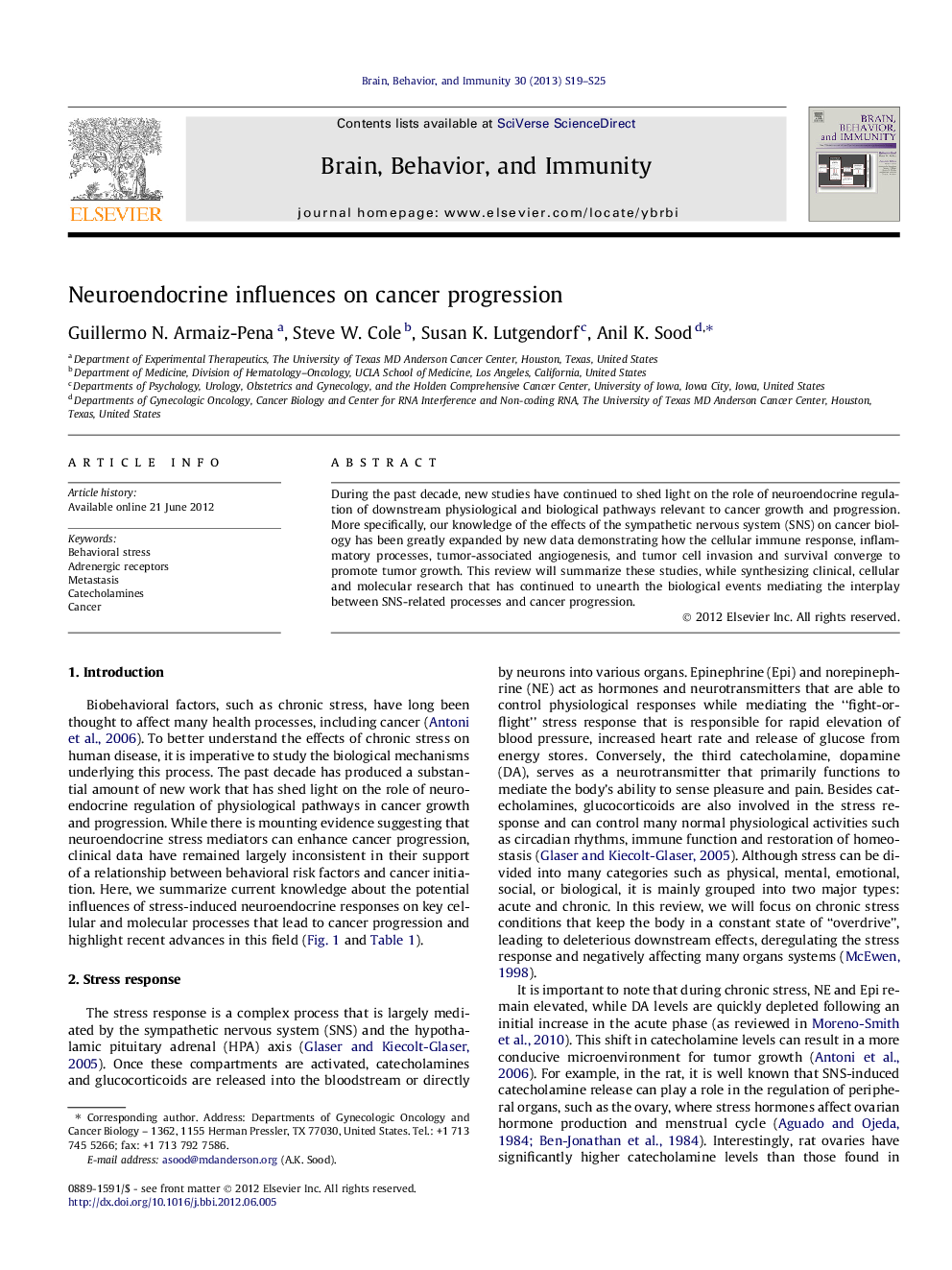 Neuroendocrine influences on cancer progression