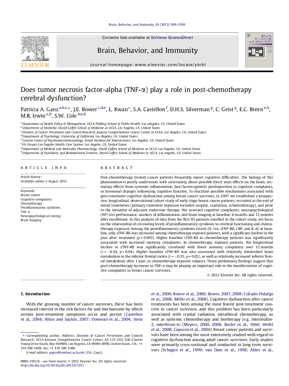 Does tumor necrosis factor-alpha (TNF-Î±) play a role in post-chemotherapy cerebral dysfunction?