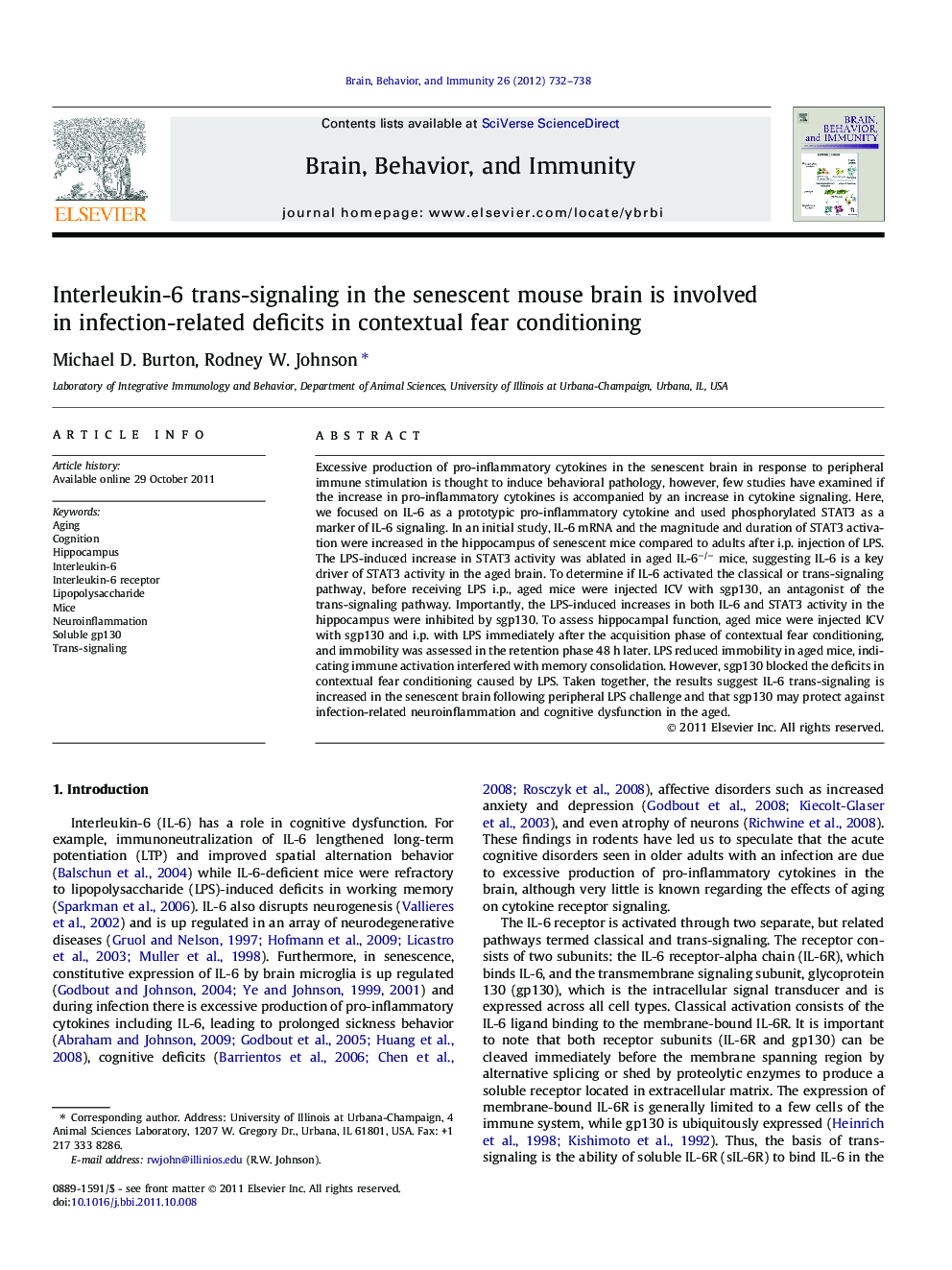 Interleukin-6 trans-signaling in the senescent mouse brain is involved in infection-related deficits in contextual fear conditioning