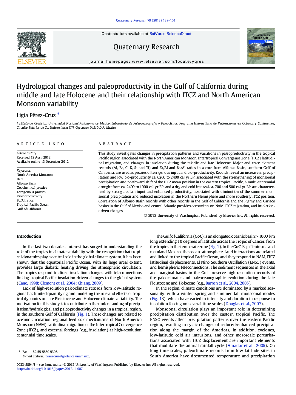 Hydrological changes and paleoproductivity in the Gulf of California during middle and late Holocene and their relationship with ITCZ and North American Monsoon variability