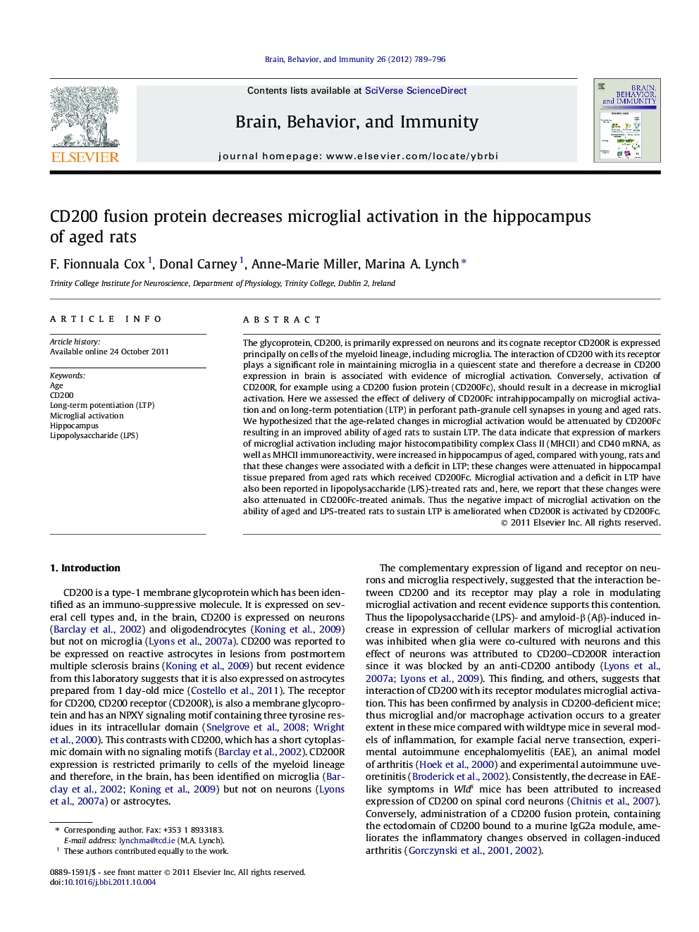 CD200 fusion protein decreases microglial activation in the hippocampus of aged rats