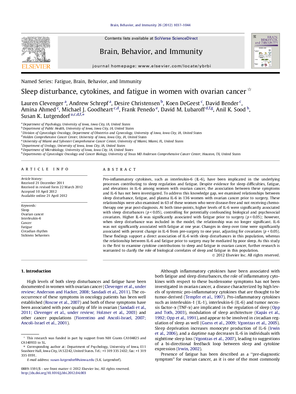 Sleep disturbance, cytokines, and fatigue in women with ovarian cancer