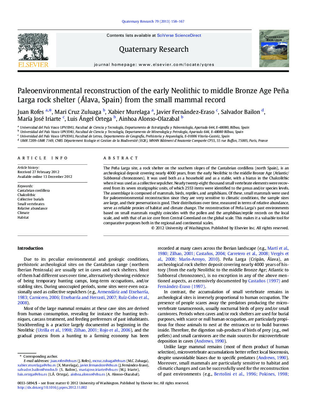 Paleoenvironmental reconstruction of the early Neolithic to middle Bronze Age Peña Larga rock shelter (Álava, Spain) from the small mammal record