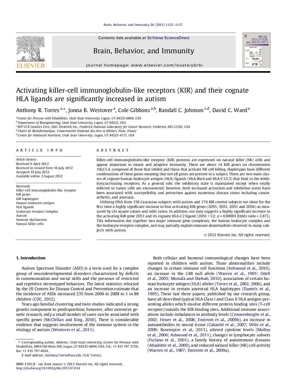 Activating killer-cell immunoglobulin-like receptors (KIR) and their cognate HLA ligands are significantly increased in autism