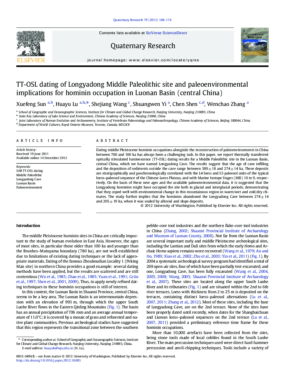 TT-OSL dating of Longyadong Middle Paleolithic site and paleoenvironmental implications for hominin occupation in Luonan Basin (central China)