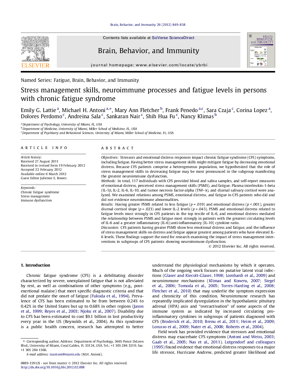 Stress management skills, neuroimmune processes and fatigue levels in persons with chronic fatigue syndrome