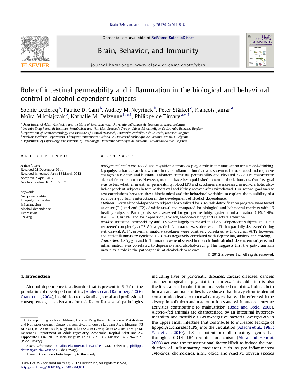 Role of intestinal permeability and inflammation in the biological and behavioral control of alcohol-dependent subjects