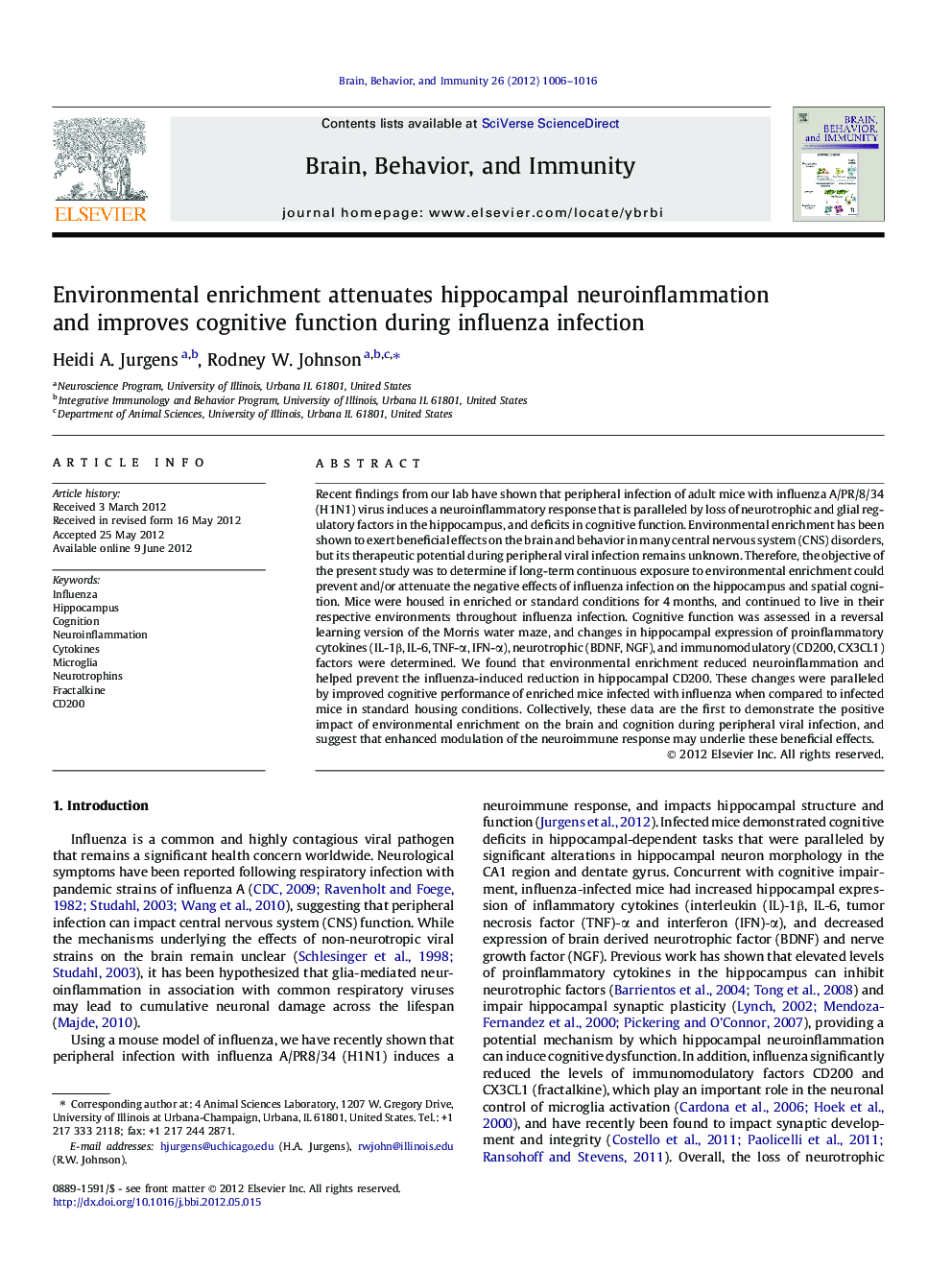 Environmental enrichment attenuates hippocampal neuroinflammation and improves cognitive function during influenza infection