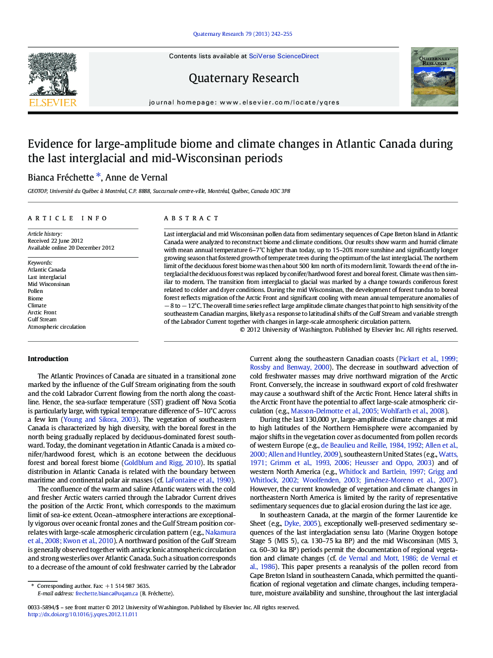 Evidence for large-amplitude biome and climate changes in Atlantic Canada during the last interglacial and mid-Wisconsinan periods