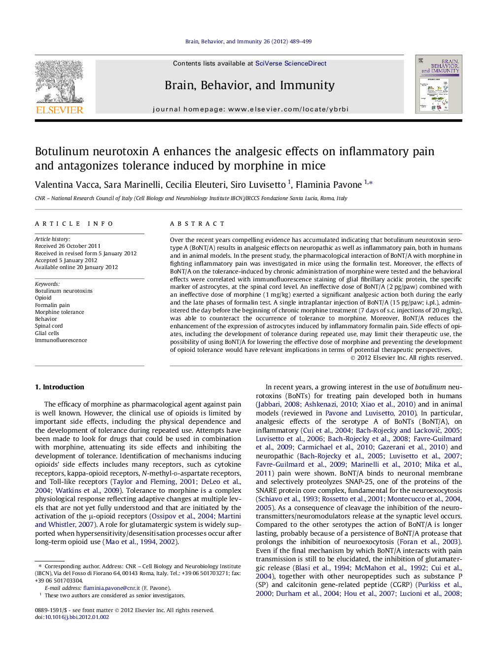 Botulinum neurotoxin A enhances the analgesic effects on inflammatory pain and antagonizes tolerance induced by morphine in mice