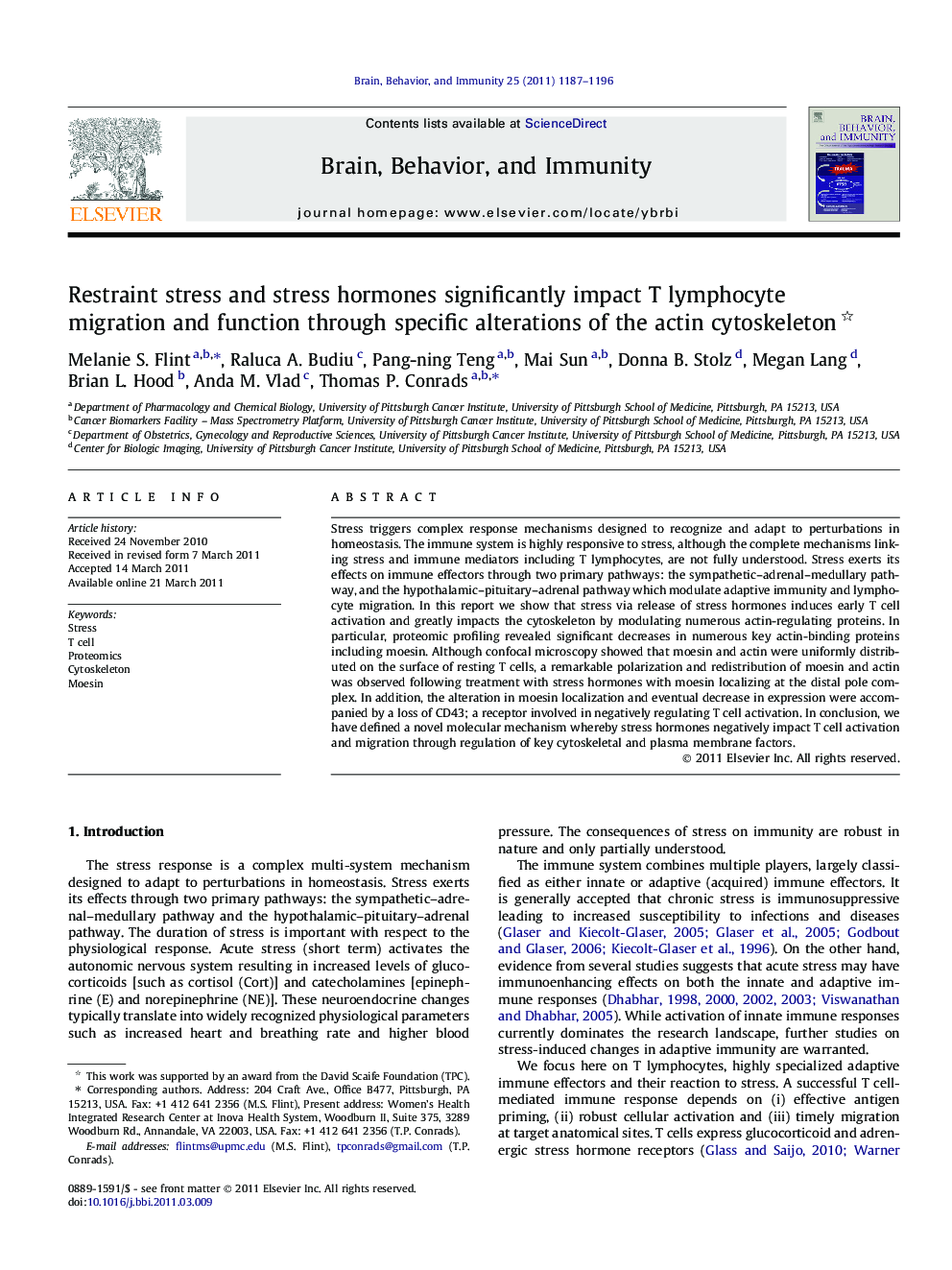 عکس صفحه اول مقاله: Restraint stress and stress hormones significantly impact T lymphocyte migration and function through specific alterations of the actin cytoskeleton Restraint stress and stress hormones significantly impact T lymphocyte migration and function through specific alterations of the actin cytoskeleton