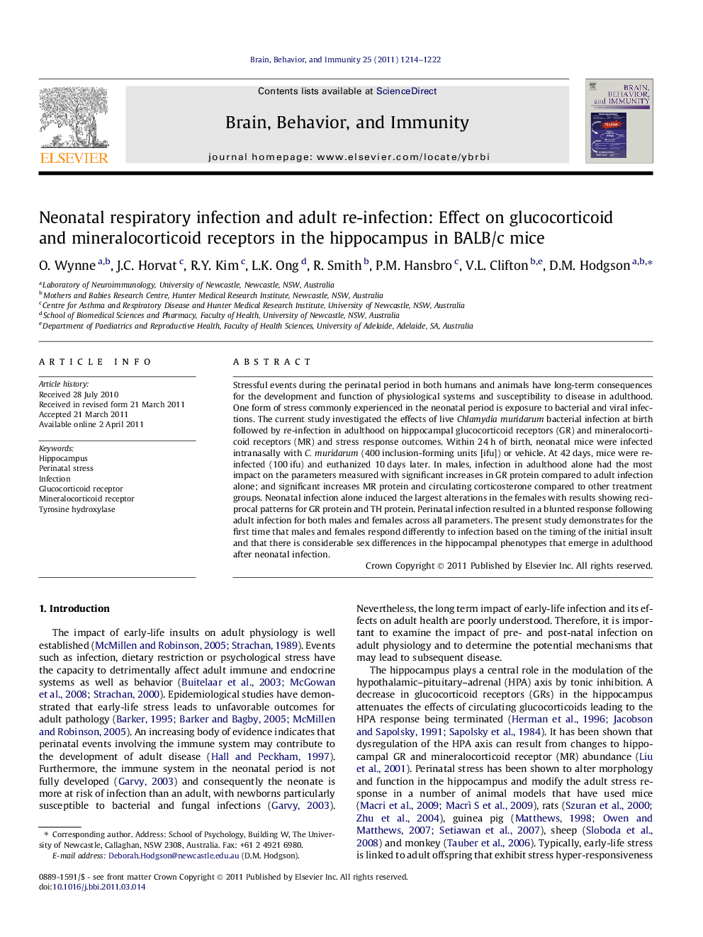 Neonatal respiratory infection and adult re-infection: Effect on glucocorticoid and mineralocorticoid receptors in the hippocampus in BALB/c mice