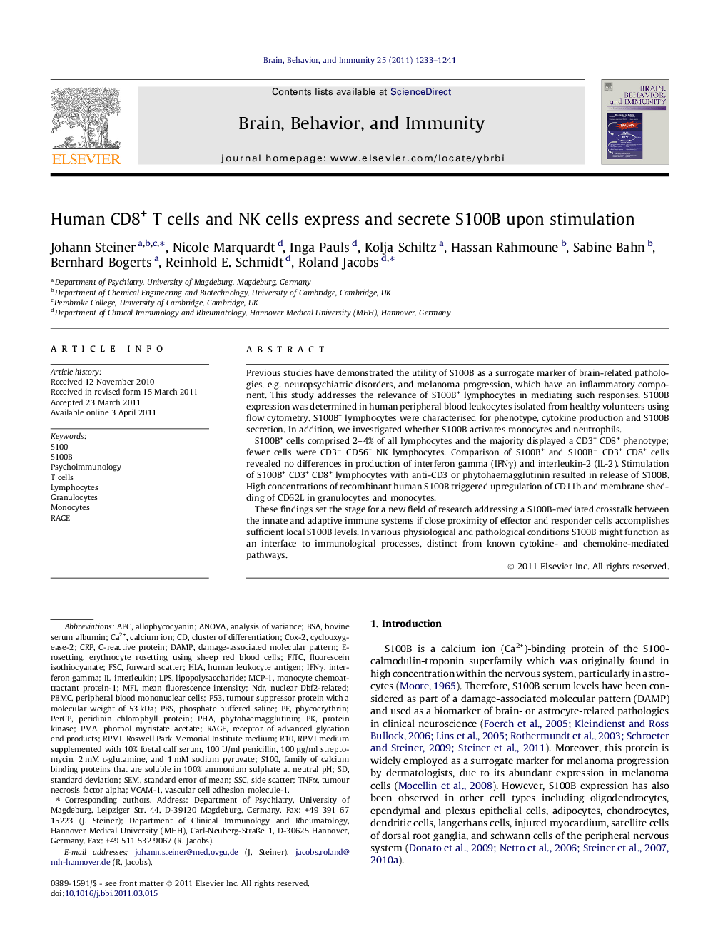 Human CD8+ T cells and NK cells express and secrete S100B upon stimulation